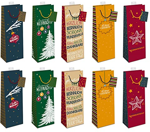 Geschenktaschen für Flaschen Weihnachten 10 Stück | Flaschentüten edle Geschenktüten für Wein Sekt Champagner | Flaschentasche mit farbiger Kordel, Namenskarte | Weihnachtsgrüße | Skorpion Papeterie