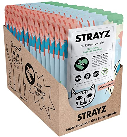 STRAYZ - Bio Katzenfutter Nass - Lachs & Brokkoli, Getreidefreies Premium Nassfutter für Katzen mit 95% Fleischanteil ohne Zucker - 14x85g Beutel