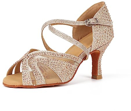 Syrads Women's Ballroom Latin Dance Shoes with Rhinestones Salsa Tango Bachata Indoor Dancing Shoes for Wedding Party Prom,Gold 7.5cm heel,5 UK