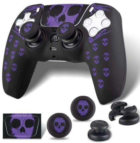 PlayRealm Silicone Skin Cover& Sticler x 1 & No Falling off Thumbstick x 2 for PS5 Controller (Ghost Purple)