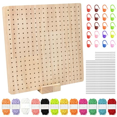 KITERI Crochet Blocking Board Granny Square Blocking Board Wooden Crochet Blocker Knitting Blocking Board with 20 Steel Pins 5 Large Eye Needle, 12 Colored Yarn, 20 Stitch Marker, Gifts for Mothers