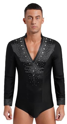 TTAO Herren Latein Body Langarm Giltzer Tanz-Body mit tiefem V-Ausschnitt Latein Ballettanzug Ballett Trikot Leotard Party Performance Tanzkostüm Schwarz XXL