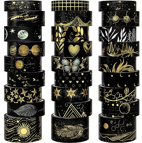 Biuunsf Black Washi Tape Set, 27 Rolls Black Gold Foil Decorative Masking Tape for Bullet Journaling, Scrapbooking Supplies, Watercolor Painting