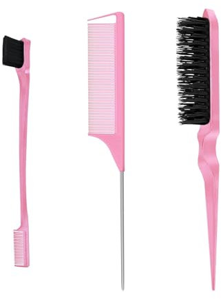 3 Pezzi Set di Spazzola Capelli, Doppio Bordo Pettine, Pettine a Coda Topo, Spazzola per i Bordi dei Capelli, Spazzola Pettini per Styling Capelli, per Casa, Parrucchieri, Rosa
