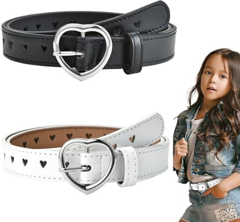 ZEPIQOR Ceinture pour Fille, Ceintures pour enfants, 2 Pièces Enfant Ceinture en Cuir PU avec Boucle en Forme de Coeur Réglable pour Pantalons Jeans Jupes Vestes Uniformes Scolaires Robes