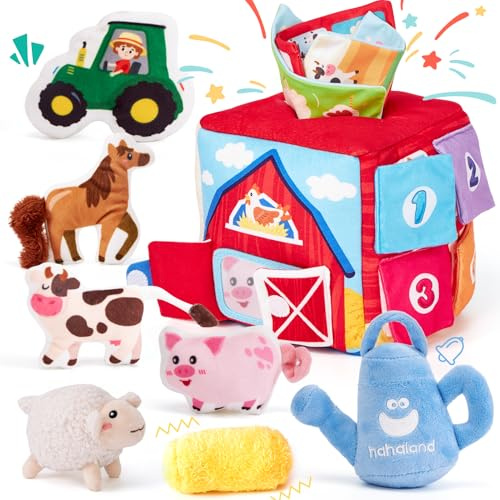 hahaland Scatola di Fazzoletti Montessori 6 Mesi, Giochi Sensoriali con Peluche della Fattoria con Suoni, Scatoletta Interattiva in Tessuto e Specchio, Regalo Neonato 6 9 12 18 Mesi