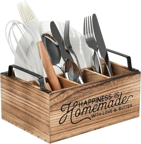 BSDLZCH Hölzerne Küchenutensilienhalter mit 4 Fächern, Kaffeeregal Aufbewahrungskorb mit Griff für Küchentheke und Kaffeebar, effizienter Utensilienorganisator von Kochwerkzeug (Naturholzfarbe)