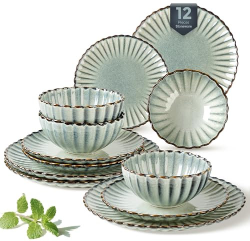 GBHOME Dinner Set for 4, 12 Piece Stoneware Set - Handcrafted Embossed Plates & Bowls, Reactive Glaze, Dishwasher and Microwave Safe Dinnerware
