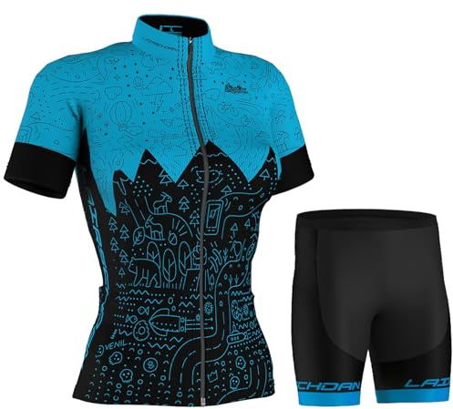 Ropa Ciclismo Mujer Verano Maillot Bici MTB Conjunto Ciclista Manga Corta,Traje Bicicleta Camiseta Ciclo y Pantalones Cortos con 9D Gel Acolchado,Completa Jerseys Transpirable Secado Rápido(5,S)