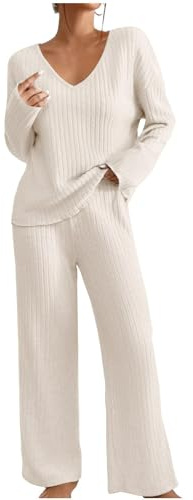 Ewleguzka Ensemble de survêtement côtelé à col en V pour femme - Tenue deux pièces - Haut à manches longues et pantalon large - Ensemble de vêtements d'intérieur et de vacances, M