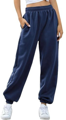 Nuofengkudu Holgados Pantalones Jogger Mujer Interior Polar Térmicos 2 Bolsillos Elastica Cintura Alta Largos Pull on Deportiva Pantalón Casual Lounge Pasear Otoño Invierno Lana-Azul Marino 2XL