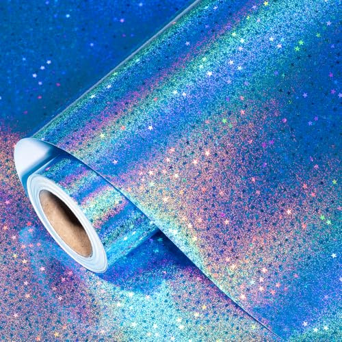 RUSPEPA Papel de Envolver en Rollo Holográfico Azul - Papel de Envolver con Estrellas Metálicas para Niños y Niñas, Cumpleaños, Bodas, Día del Padre, Navidad y Baby Shower, 43,2 cm x 5 m
