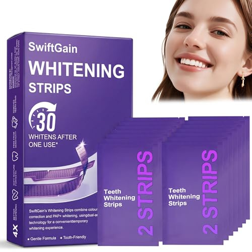 Tiras blanqueadoras dentales - Blanqueamiento exprés en 30 minutos, fórmula para dientes sensibles, 14 tratamientos (28 tiras), kit casero y fácil de usar para una sonrisa radiante (Púrpura)