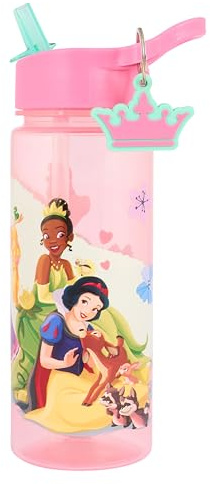 Disney Princess Water Bottle with Straw, Pink, 500ml, Polypropylene, Features Snow White, Cinderella, Tiana and Rapunzel, Includes Crown Keyring Charm