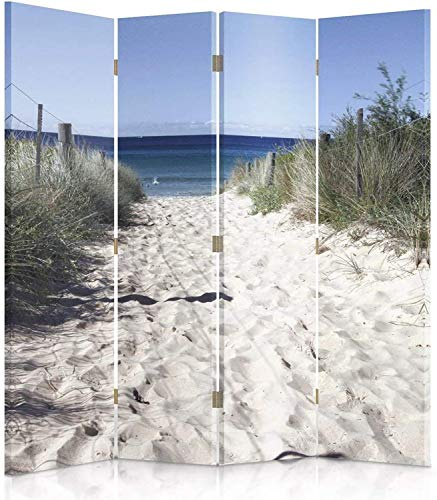 Feeby Paravent Sonnenuntergang 145x180 cm 4 Teilig Modern Design beidseitig Raumteiler Wandschirme Foto Trennwand Raumtrenner Sichtschutz Spanische Wand auf Leinwand Bedruckt Strand Meer Weiß Blau