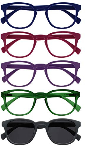 OPULIZE POP Lesebrille für Damen und Herren mit Lesesonnenbrille - 5er Pack - Lustige Runde Brille Matt - Getönte Gläser mit UV400 - Federscharniere - Blau Rosa Lila Grün Grau Sonnenbrille +1.50