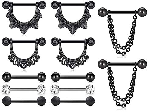 LAURITAMI 6 Paar Brustwarzenpiercing Nippelpiercing Chirurgenstahl 14G 16mm Straight Barbell Nippel Piercing Schmuck Schild Kette