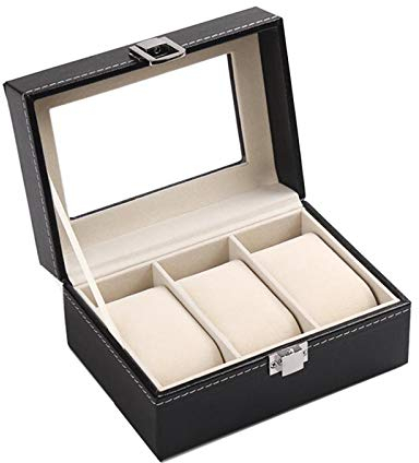Riveryy Pelle PU Scatola per Orologi con 3 Scomparti Astuccio Porta Orologi con Coperchio in Vetro,Cuscinetti Rimovibili, Interni in Velluto, Fibbia in Metallo,Nero(15.8 * 11 * 8 cm)