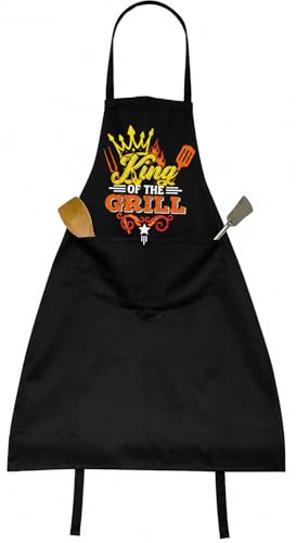 Bitaly King of the Grill BBQ Apron for Men, Adjustable Cooking Apron with Front Pocket, Funny Grilling Gift for Dad, Husband & BBQ Lovers Black & White and Colour Designs
