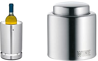 WMF Ambient - Enfriador de vino adecuado para botellas de vino o champán con un diámetro de hasta 92 mm + Tapón para Botella Vino, Acero Inoxidable Pulido, 2.4 cm