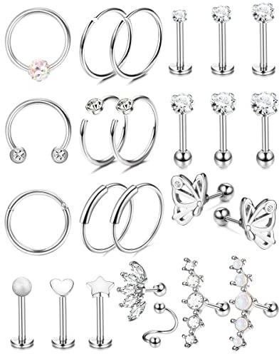 KALVICA Hypoallergenic Cartilage Earrings for Women Surgical Steel Earrings Set Helix Tragus Nose Piercing Jewellery Lip Nose Hoop Ring 24Pcs 16G(S)
