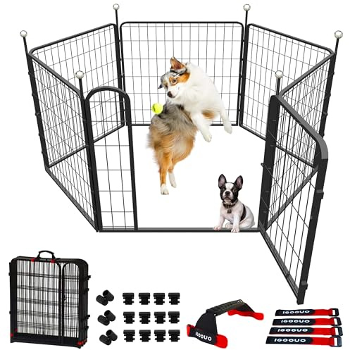 IGOOUO Dog Playpen Indoor/Outdoor,32'' Portable Dog Crates with Easy-Carry Straps,6 Panels Dog Pen Play Pen for Small/Medium Dogs,Rustproof Metal Pet Playpen for Camping RV Yard (with One Door)