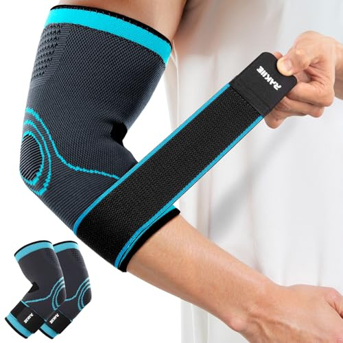 Rakiie Elbow Compression Sleeve 2 Pack, Elbow Brace for Tendonitis and Tennis Elbow, Pain Relief Elbow Brace for Men & Women, Elbow Sleeve Reduce Joint Pain for Tennis, Golfer, Workouts, Blue (M)