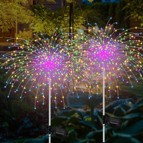 Vegena 2 piezas lámpara solar al aire libre jardín 150 LED fuegos artificiales, lámparas 8 modos, luz fuegos artificiales para jardín, césped, terraza, decoración exterior