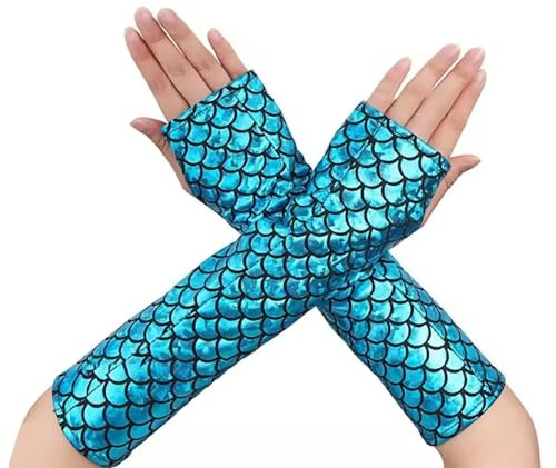 Azonelife Sjöjungfru skalhandskar, långa fingerlösa damhandskar, tillbehör sjöjungfru kostymer halloween cosplay kostym karneval fest bal år