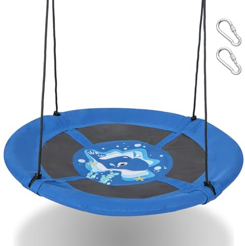 RELAX4LIFE Altalena a Disco da 102 cm, Rotonda Volante Impermeabile con Corde Regolabili e 2 Moschettoni, con Fantasie Innovative, per Interni ed Esterni(BLU 2)