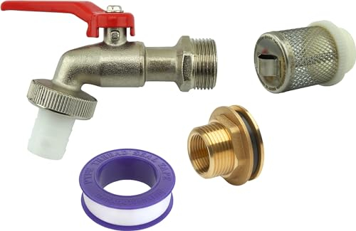 Meister 9924900 - Juego de 4 tapones para barril de lluvia (3/4 pulgadas, con cesta de succión, cinta de sellado y boquilla), latón