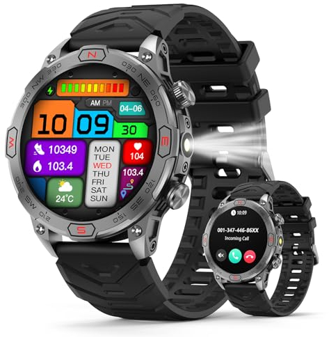 Smartwatch Herren Damen mit LED Taschenlampe, 1,43 Zoll AMOLED-Display, Outdoor Smartwatch mit Kompass/Höhen/Luftdruckfunktion, Wasserdichte Sportuhr mit Herzfrequenz-Schlafmonitor für iOS Android