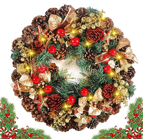 ZQEJEFD Weihnachtskranz, LED Weihnachtskranz mit Lichter-Kette und 10 LED in Warmweiß, 30CM Türkranz Weihnachten, Adventskranz, Dekokranz mit Kiefernzapfen und Rote Beerenfrucht Weihnachten Dekor