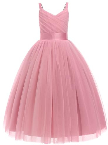 Flower Girls Princess Pleated Long Dress Wedding Bridesmaid Prom Ball Gown Dresses Embroidered Floral Lace Elegant V Neck Dress