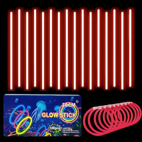 100 Barras Luminosas, Pulseras Fluorescentes y 100 Conectores, Neon Kits para Crear Collares Accesorios, Rojo Varillas Brillantes para, Fiesta, Nochevieja, Navidad, Boda, Cumpleaños, Halloween