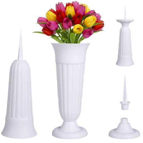 LdawyDE Vase Cimetiere, Vase Funeraire pour Cimetière 2 pièces avec Base et Piquet de 11 cm Vase Decoratif en Plastique 21 x 10 cm Grand Vase pour Plaque Tombale Cimetiere Exterieur Decoratif (Blanc)