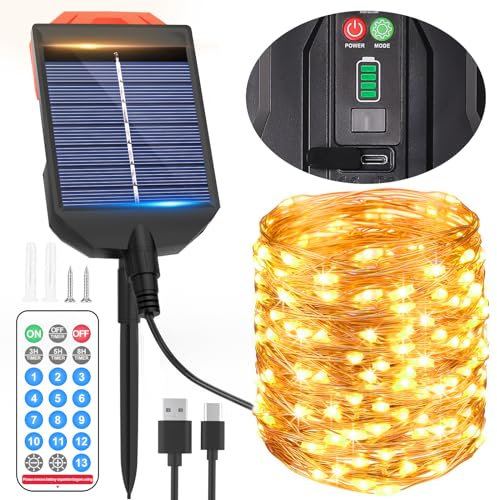 AUOPLUS LED Solar Fairy Lights Outdoor Waterproof, Remote Control Solar Powered String Lights with 13 Modes & Type C Charging, Warm White/Color Changing Garden for Patio, Yard, Wedding, Party Decor