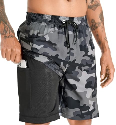 APTRO Swimming Shorts Men Swim Trunks with Compression Liner 2 in 1 Quick Dry Beach Summer 9'' Board Shorts with Zipper Pockets Camouflage Grey MK284 L