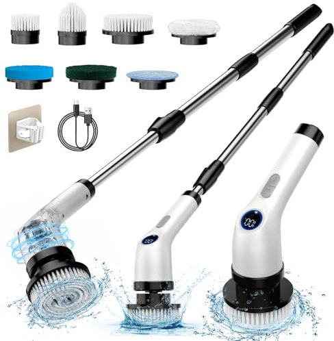 FYDEE Electric Spin Scrubber, 7 in 1 Electric Cleaning Brush with 2 Adjustable Speeds and Spray Device, IPX7 Waterproof Bathroom Cleaner Brush, 3000 mAh Power Scrubber for Tiles, Windows and Floors