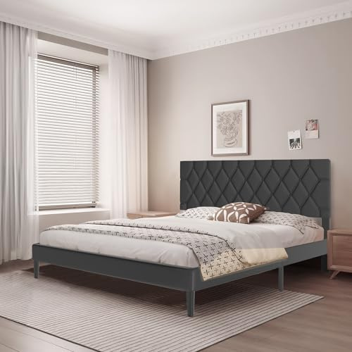 Froadp Letto Imbottito 160 x 200 cm – Struttura per Letto Matrimoniale con Supporto in Legno e Rivestimento in Similpelle, Testiera Imbottita con Bottoni, Struttura a Piattaforma per Camera da Letto