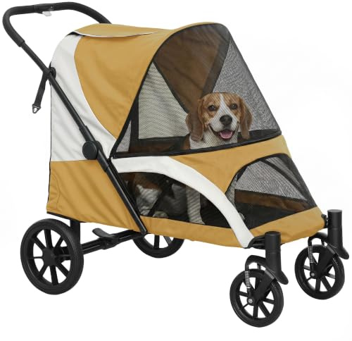 PawHut Poussette pliable pour grands chiens et chats jusqu'à 30 kg - Avec coussin, fenêtres en filet, portes, sac de rangement - Marron