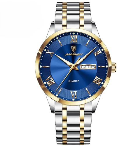 Poedagar Reloj de pulsera para hombre, resistente al agua, luminoso, fecha, semana, hombre, deportivo, acero inoxidable, cuarzo, para hombre, Dorado Azul