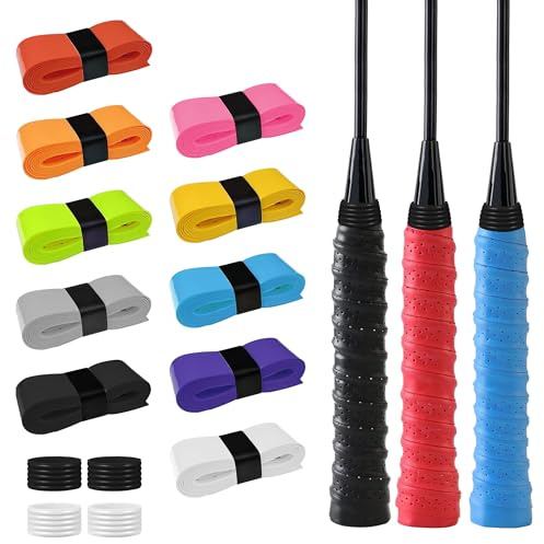 PYSEOSISE Cintas de Agarre de Raqueta, 10 Piezas Cinta de Agarre para Raqueta de Tenis, Overgrip Antideslizante Tenis Bádminton Overgrips Padel con 4 Grip Tenis Anillo de Silicona