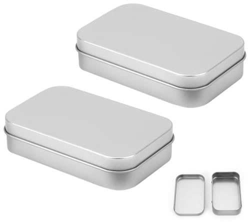 Latas de Metal Vacías Rectangulares con Tapa - Cajas de Almacenamiento Pequeñas para Cosméticos, Té, Joyas o Manualidades - Mini Contenedores Portátiles (9,4x6x2 cm) - Pack de 2, Color Plateado