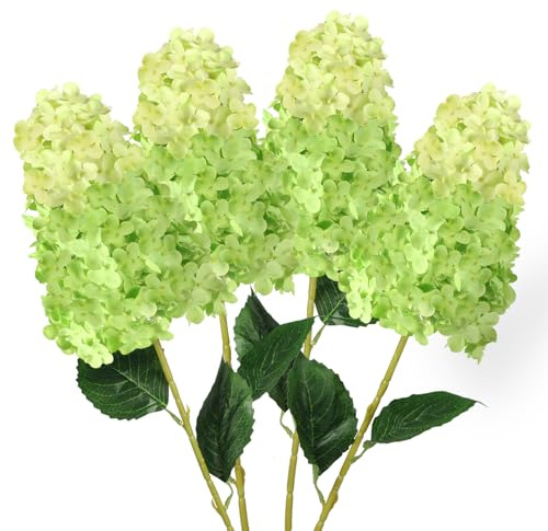 GrainBuds 4 flores artificiales de hortensias verdes, tallo largo de 33.5 pulgadas de largo, flores de hortensias falsas cónicas de seda, para decoración de arreglos florales de jarrón alto, granja