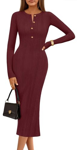 MEROKEETY Women's Bodycon Sweater Dress 2025 Fall Winter Long Sleeve Button Crew Neck Ribbed Knit Midi Work Dresses, WineRed, M