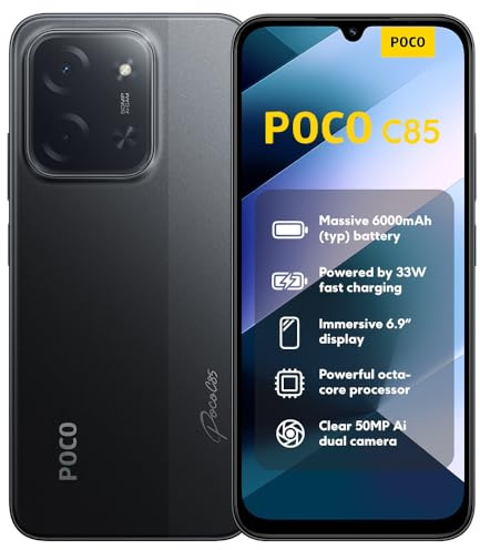 XIAOMI POCO C85, Smartphone 6+128GB, 6.9 120Hz Display 7.99mm Design, MediaTek Helio G81-Ultra Octa-core, 50MP AI dual camera, 6000mAh, Black, Charger Not Included