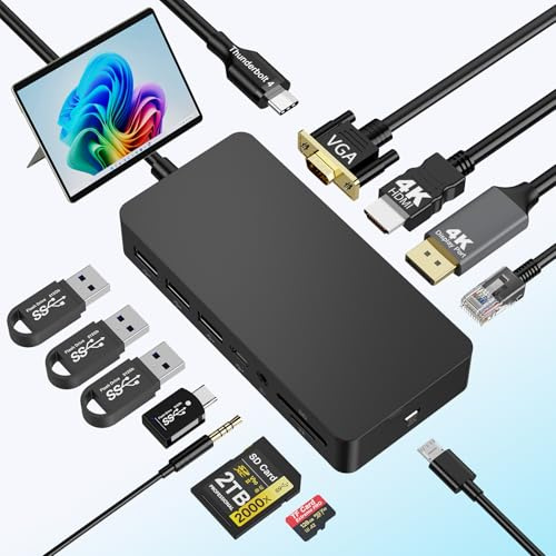 Microsoft Surface Thunderbolt 4 Dock (4K DP+HDMI+VGA) Triple Displays, 12 in 1 Surface Docking Station for Microsoft Surface Pro 12/11/10/9/8/X/7+/7, Surface Laptop 7/6/5/4/3, Surface Laptop Studio