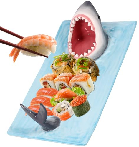 ATopoler Ceramic Shark Platter,Funny Sushi Plate,Handmade Kitchen Salad Plates with Dipping Sauce Bowl, Hand-Painted Food Serving Tray for Shark Enthusiasts