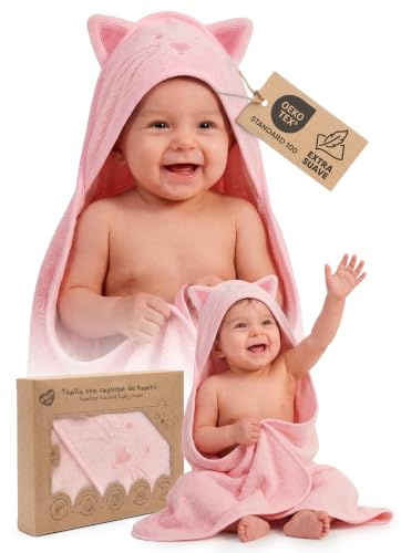 Toalla Baño Bebé Bambu Capucha Capa 89x89 cm (0-3 años) Capa de Baño Suave y Absorbente Regalo Recién Nacido Original para Papás y Mamás Newborn Baby Essentials en Diseños de Animalitos (Rosa)